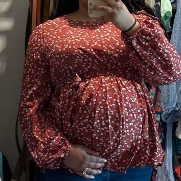 Maternity Rust Brown Floral Print Belted Long Sleeve Blouse - Picture 5 of 9